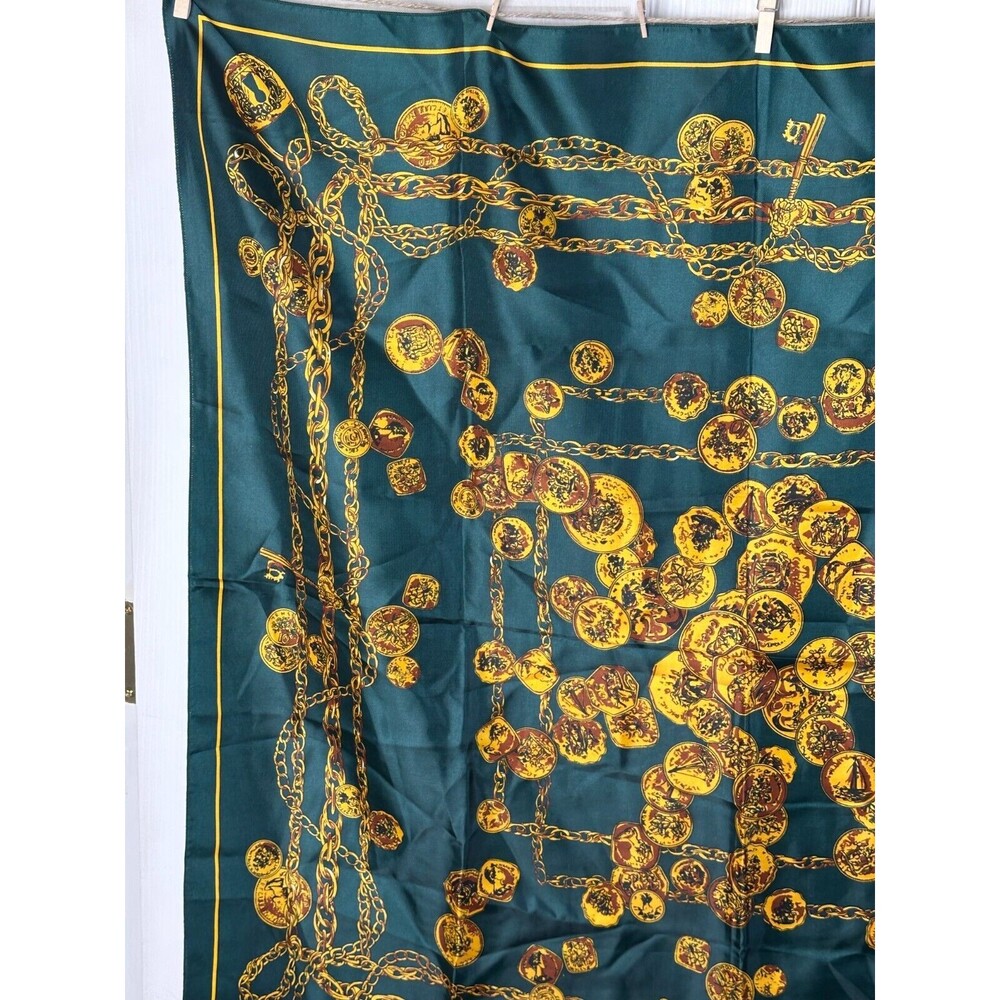 Ladies Scarf Gold Coin Design 100% Polyester 35in Square Deep Emerald Green - Picture 4 of 6